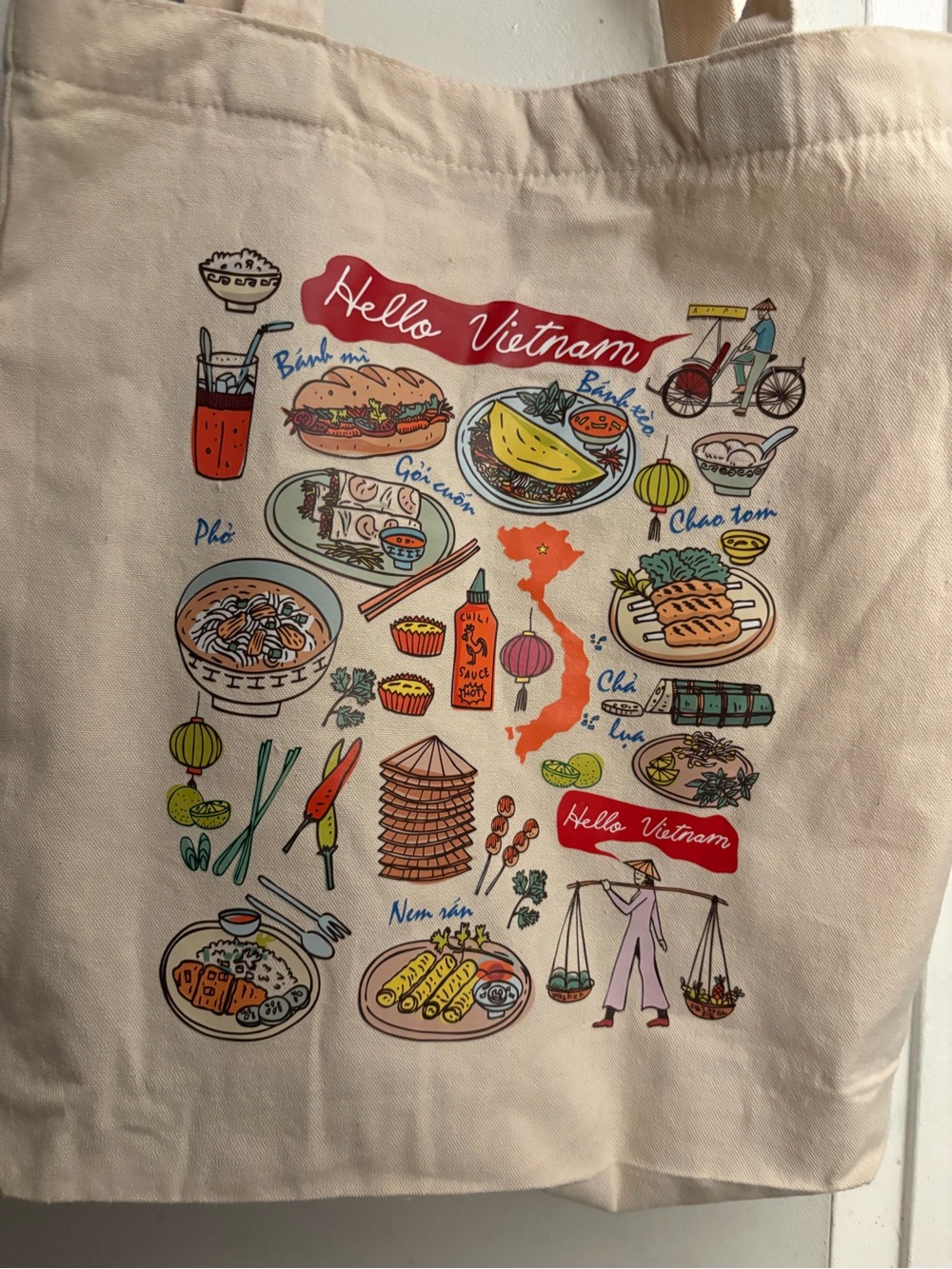 Hello Vietnam Beige Tote Bag with Colorful Food Illustration